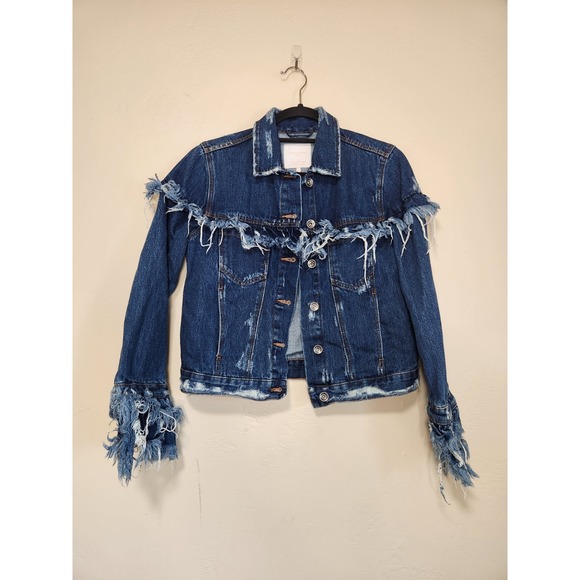 Zara Jean Jacket  Fringed Distressed Womens Size Small Denim - Picture 2 of 5